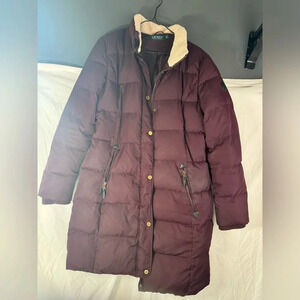 Lauren Ralph Lauren Women's M Down Maroon Red Sherpa Trim Zip/Snap Winter Coat